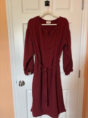 Womens Burgundy Button-Front Tie-Waist Dress